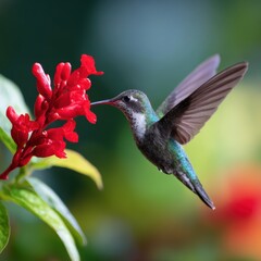 A close-up of a vibrant hummingbird feeding on nectar from a red flower with blurred natural foliage background