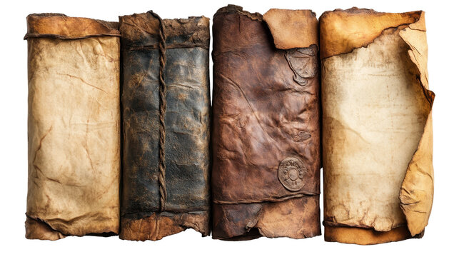 An old parchment paper scroll sheet isolated on white transparent background