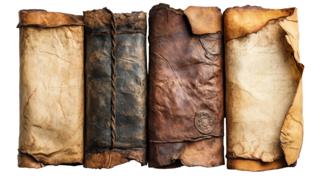 An old parchment paper scroll sheet isolated on white transparent background