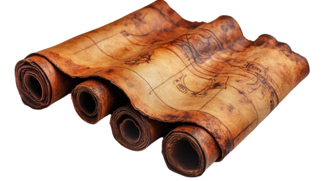 An old parchment paper scroll sheet isolated on white transparent background