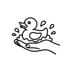 Hand holding a rubber duck in splashing water line art illustration