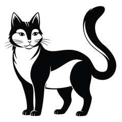 Elegant Black and White Cat Illustration Standing Gracefully with Curled Tail Upright