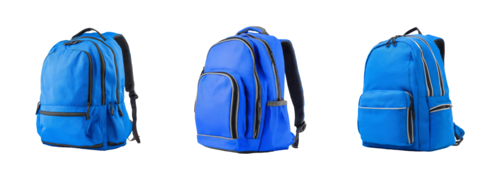 Three dynamic views of a vibrant blue backpack with dark gray accents, perfect for school, travel, or everyday use PNG set transparent background