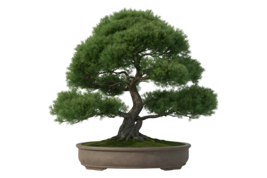 Isolated small Japanese bonsai tree in a pot against a white background, with lush foliage and intricate branches, an illustration of nature's miniature art