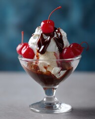 An ice cream sundae topped with chocolate syrup, whipped cream, and cherries