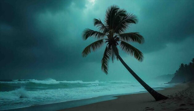 Atmospheric Moody Palm Tree and Ocean Landscape Under a Stormy Sky