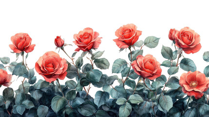 Abundant bush of pink roses with green leaves isolated on white transparent background