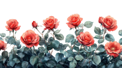 Abundant bush of pink roses with green leaves isolated on white transparent background