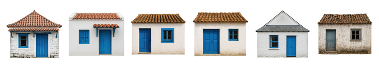 Fototapeta premium Small house facades set including traditional white walls, blue doors, and varied roofs isolated. Architectural village elements.