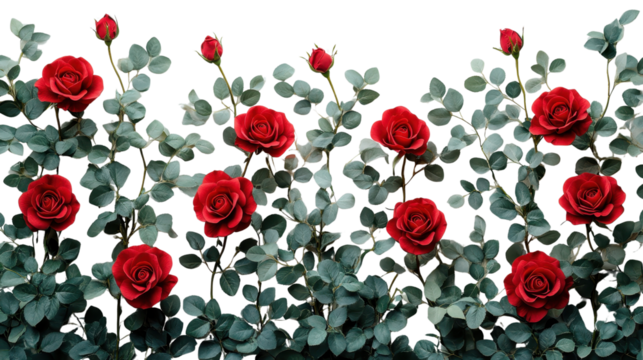 Red rose bush frame isolated on a white transparent background