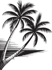 palm trees on the beach engraving outline vector art illustration design, palm tree silhouette, hand drawn beach drawing, line art palm tree, sea, beach, summer view, vintage palm tree on sea beach.	