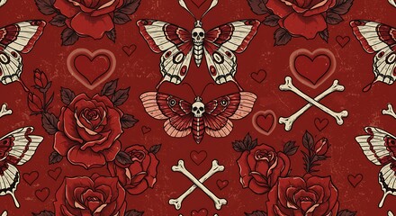 A repeating pattern featuring roses, butterflies, skulls, hearts, and bones in a red color palette.