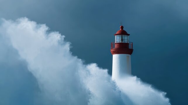 Dramatic ocean waves crashing powerfully against a tall lighthouse under a stormy sky