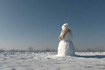 cheerful snowman wearing ultrabright augmented reality scarf and digital eyes stands against clear blue sky