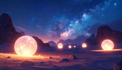 Fantasy desert landscape glowing celestial sphere featuring theme