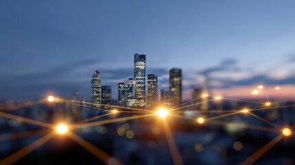 Urban skyline at dusk with glowing skyscrapers connected by vibrant digital network lines symbolizing smart city technology
