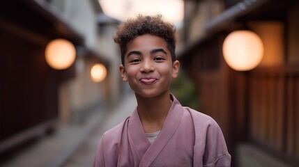 Cheerful biracial boy in dusty rose kimono blowing a kiss in lantern-lit alley with soft background