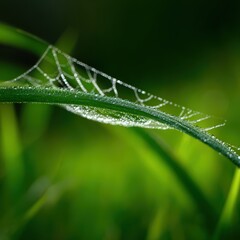 Obraz premium Close-up of dew-covered spiderweb glistening in the early morning light against blurred green background