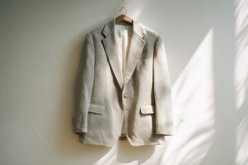 Light beige sport coat hangs on wooden hanger against white wall, sunbeams cast shadows