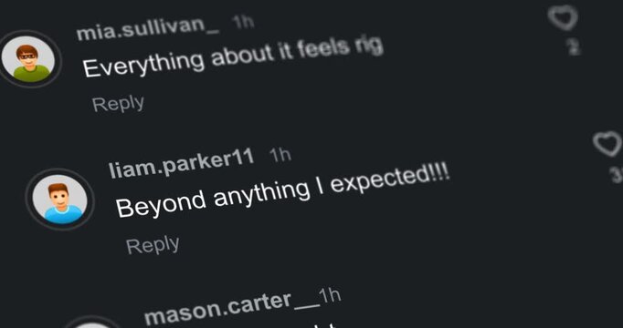 Customer reviews and positive testimonials scrolling list on smartphone screen, product or services user feedback, customer experience comments, footage