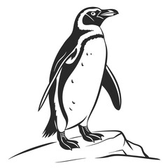 A stylized black and white illustration of a single magellanic penguin standing proudly on a rocky outcrop against a clean white background