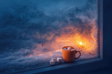 cozy winter evening by frosty window adorned with intricate ice patterns casting tranquil glow