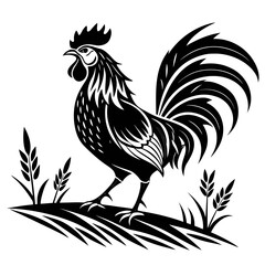 A striking black silhouette of a proud rooster standing on a grassy hill with wheat stalks symbolizing dawn agriculture and rural life in a stylized graphic