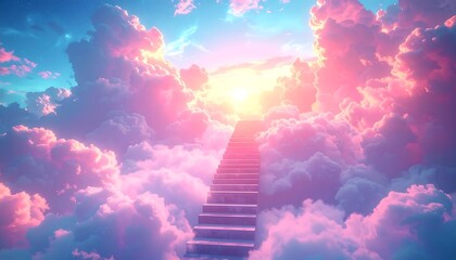 Fantasy stairway heaven : pink cloudscape majestic stone staircase ascend