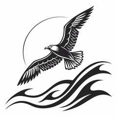 Majestic eagle soaring gracefully over stylized ocean waves with a subtle crescent moon in the background symbolizing freedom and wild nature