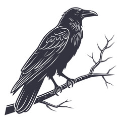 A detailed silhouette illustration of a raven perched on a bare gnarled tree branch against a clean white background evoking a sense of mystery and nature