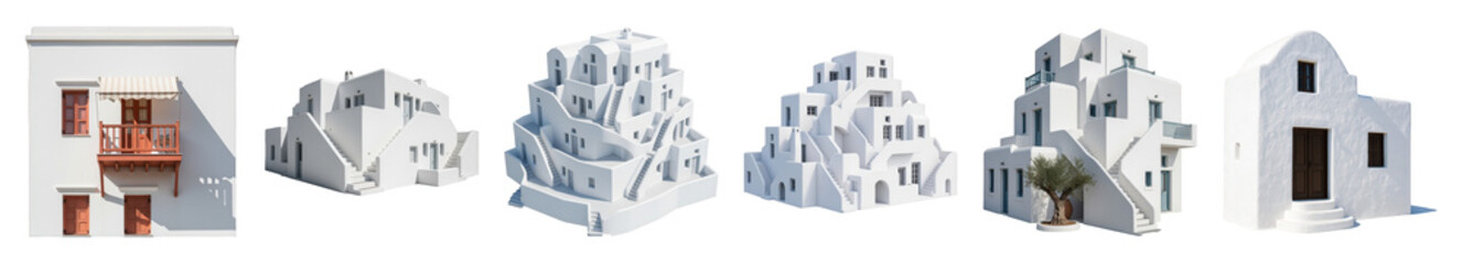 Fototapeta premium Whitewashed Cycladic architecture set including traditional homes, villas, and stepped buildings isolated. Greek island travel and design elements.