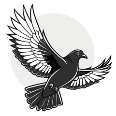 A stylized illustration of a dark gray pigeon in mid flight with its wings spread wide against a pale gray circular background