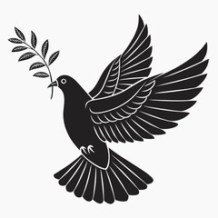 A stylized black silhouette of a dove in flight carrying a green olive branch in its beak symbolizing peace and hope against a clean white background vector illustration