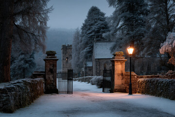 old church gates covered in snow create picturesque winter landscape charming and tranquil