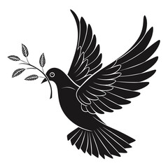 A stylized black silhouette of a dove in flight carrying a branch with leaves in its beak symbolizing peace hope and a new beginning against a clean white background