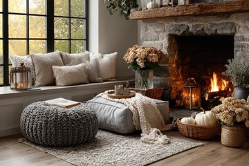 Cozy rustic living room with fireplace and autumn decor