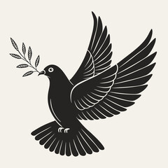 A stylized black silhouette of a dove in flight carrying a green olive branch in its beak symbolizing peace and hope against a neutral background