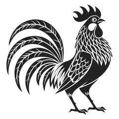 A striking black silhouette of a proud rooster with a large ornate tail and detailed feathers standing majestically against a clean white background showcasing its bold outline and graphic style