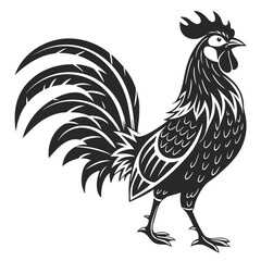 Striking black and white silhouette of a proud rooster with a detailed tail and comb isolated on a clean white background perfect for graphic design and decorative purposes