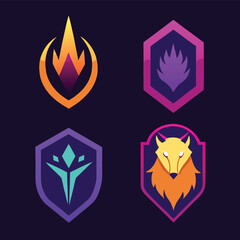 Fototapeta premium Four shield icons display a flame, leaf, abstract figure, and wolf head, each rendered in a modern, stylized manner on dark background