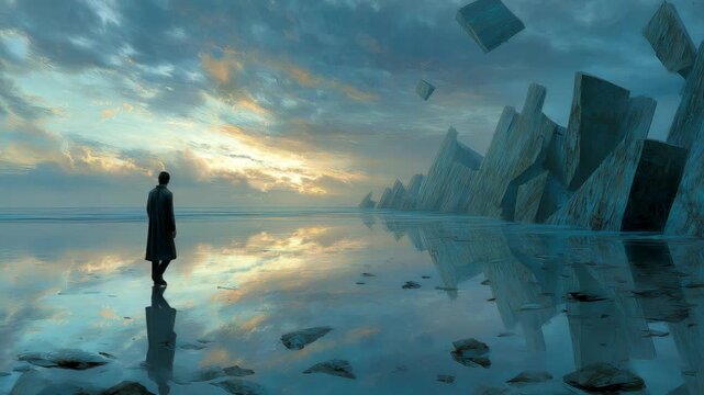 A lone man stands on reflective water under a dramatic sky with floating stone monoliths, evoking a surreal and mysterious atmosphere