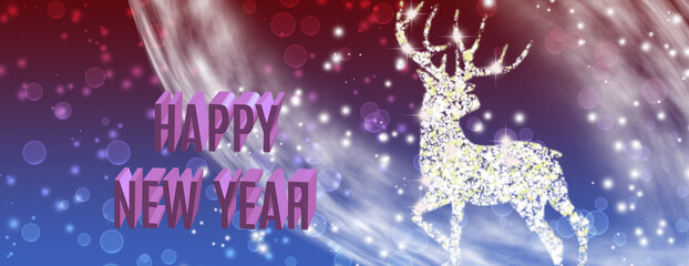 Shimmering reindeer celebrates joyful new year against a vibrant cosmic backdrop filled with sparkling lights and festive energy