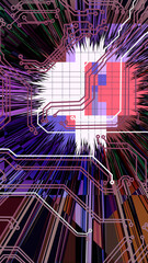 Dynamic fusion of digital patterns creating a vibrant network of colors and circuitry elements in artistic form