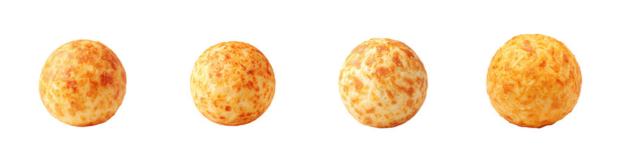 Four golden baked cheese balls with crispy texture and brown spots, perfect for culinary projects, PNG set transparent background