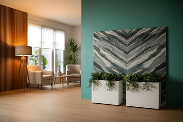 Modern minimalist waiting room interior design with teal wall, marble accent, and lush potted plants.