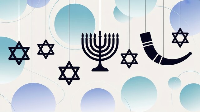 Menorah, shofar, and Star of David symbols hanging against a light background representing Yom Kippur Jewish holiday. - Powered by Adobe