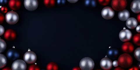 Festive christmas background with red, silver, and blue ornaments on dark backdrop