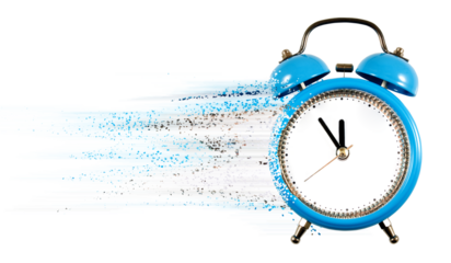 Time flows swiftly as a blue alarm clock dissolves into vibrant fragments against a clear background