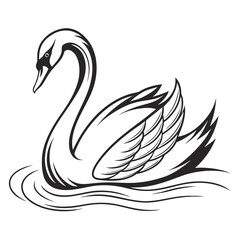 Elegant black and white line art illustration of a graceful swan swimming on calm water with stylized feathers and ripples perfect for logos and designs