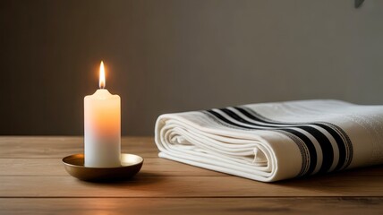 A lit candle beside a folded white tallit with black stripes on a wooden table. The scene evokes a peaceful atmosphere for Yom Kippur.